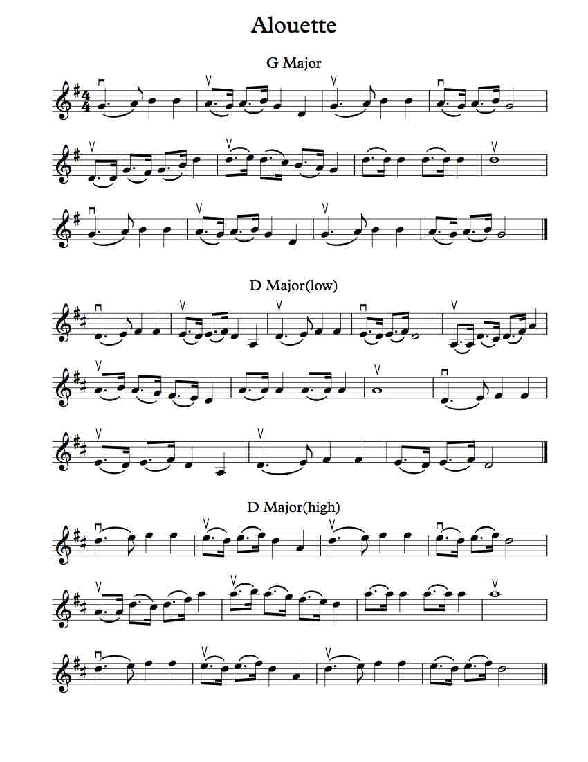 Free Violin Sheet Music Alouette in G, D, C, and Bb