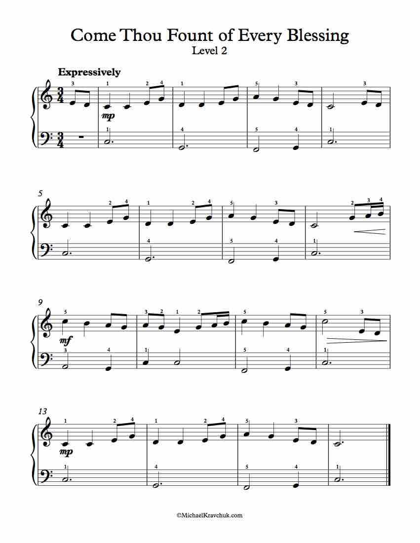 Level 2 - Free Piano Arrangement Sheet Music - Come Thou Fount of Every Blessing
