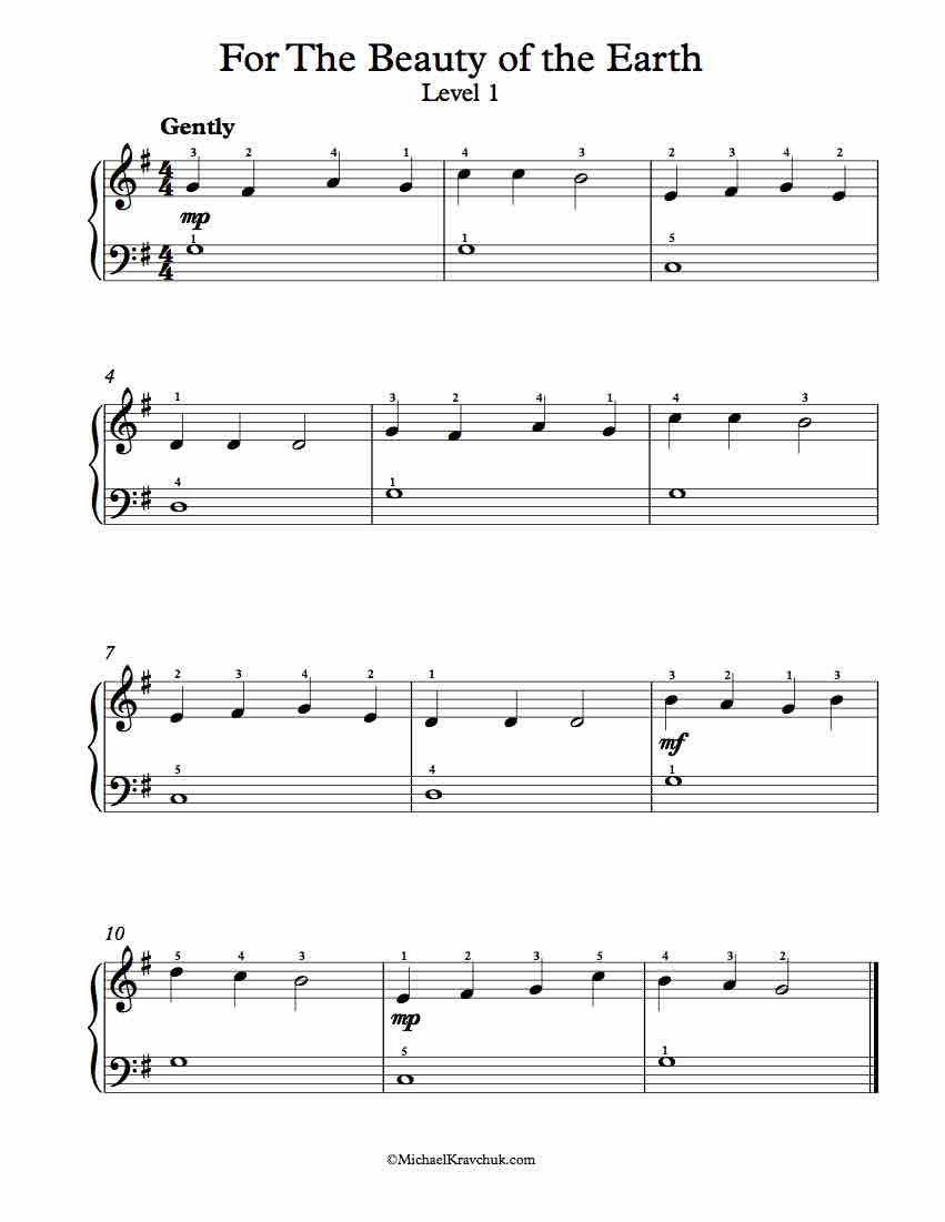 Level 1 - Free Piano Arrangement Sheet Music - For The Beauty Of The Earth