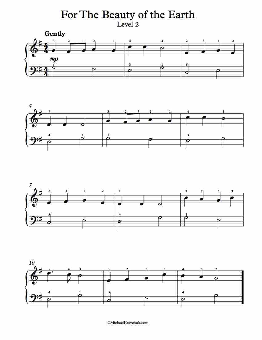 Level 2 - Free Piano Arrangement Sheet Music - For The Beauty Of The Earth