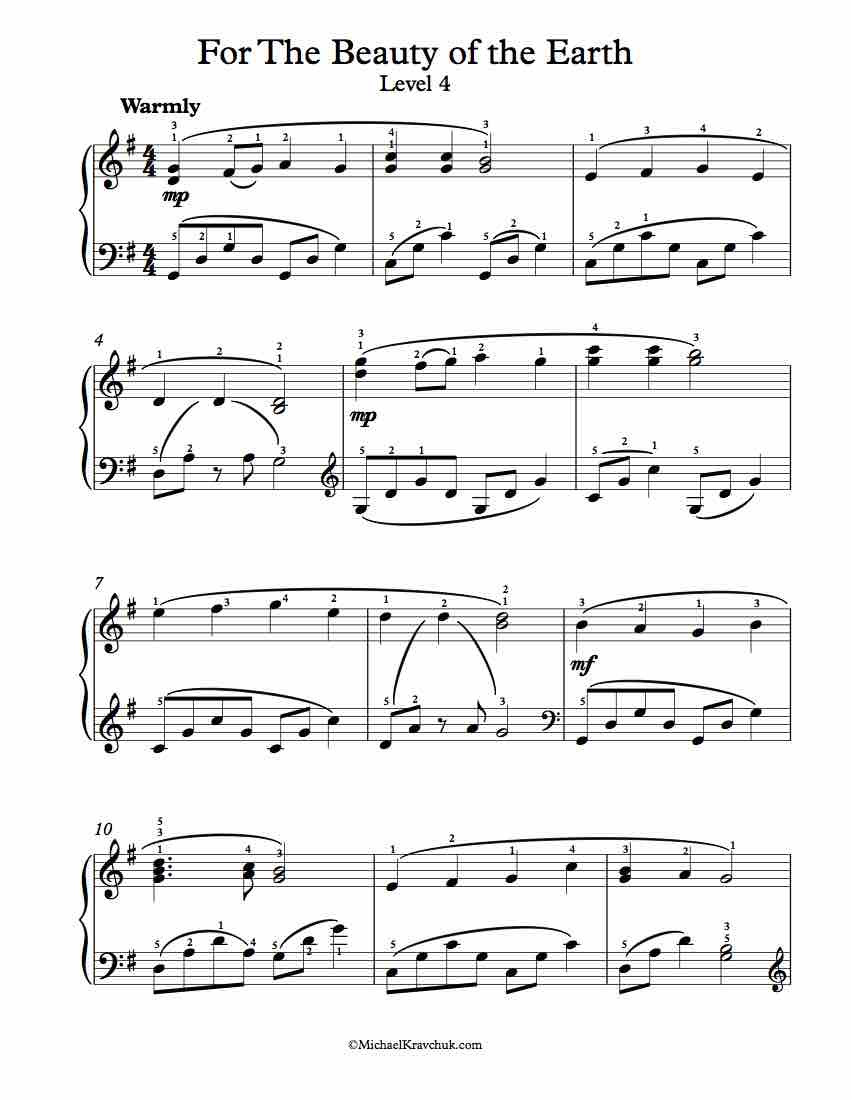 Level 4 - Free Piano Arrangement Sheet Music - For The Beauty Of The Earth