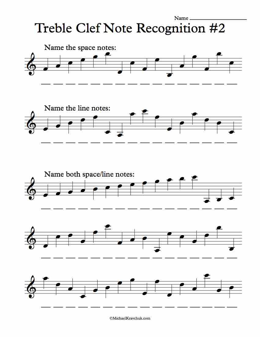 Free Treble Clef Note Recognition Worksheet With Ledger Lines