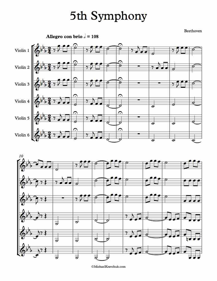 Free Violin Sheet Music  - Arrangement For 6 Violins - Beethoven's 5th Symphony