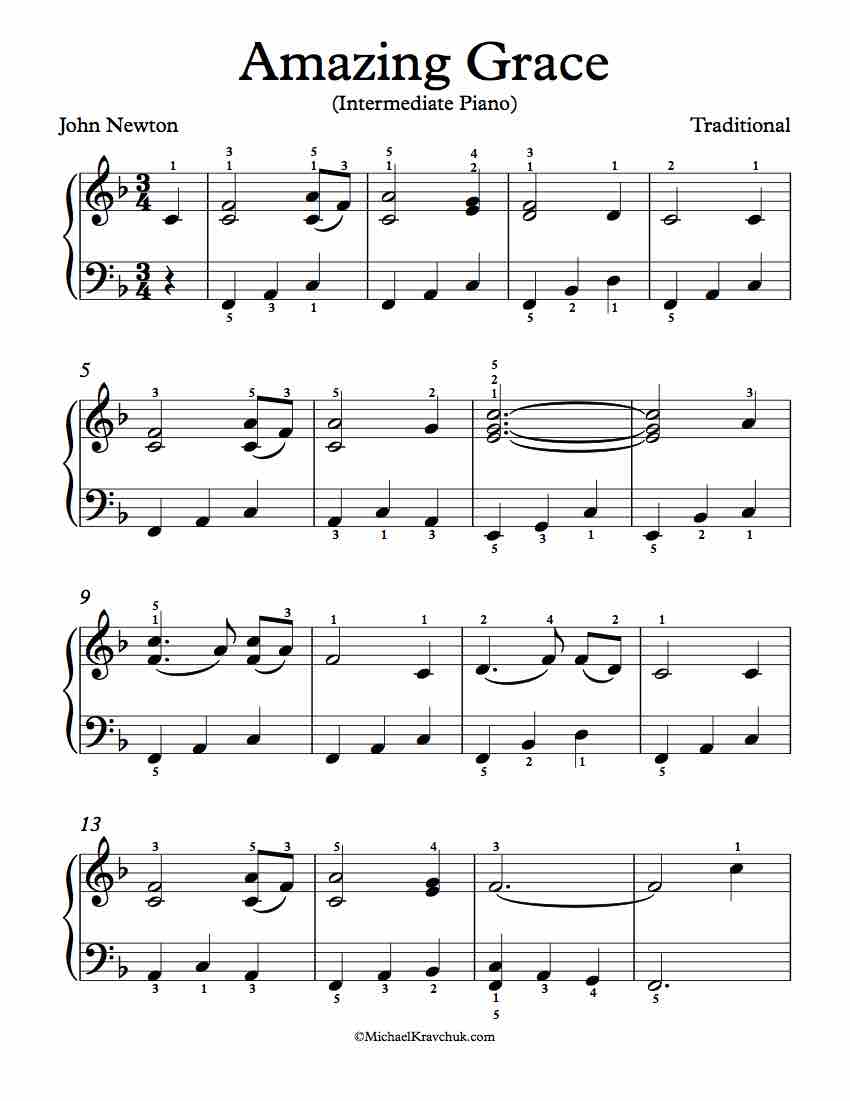 Intermediate Difficulty Piano Arrangement of Amazing Grace