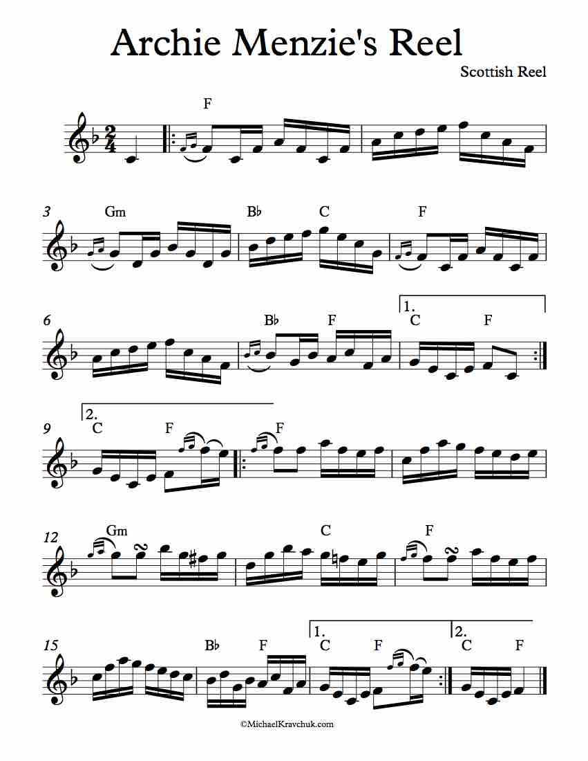 Archie Menzie's Reel Fiddle Sheet Music Violin D Major