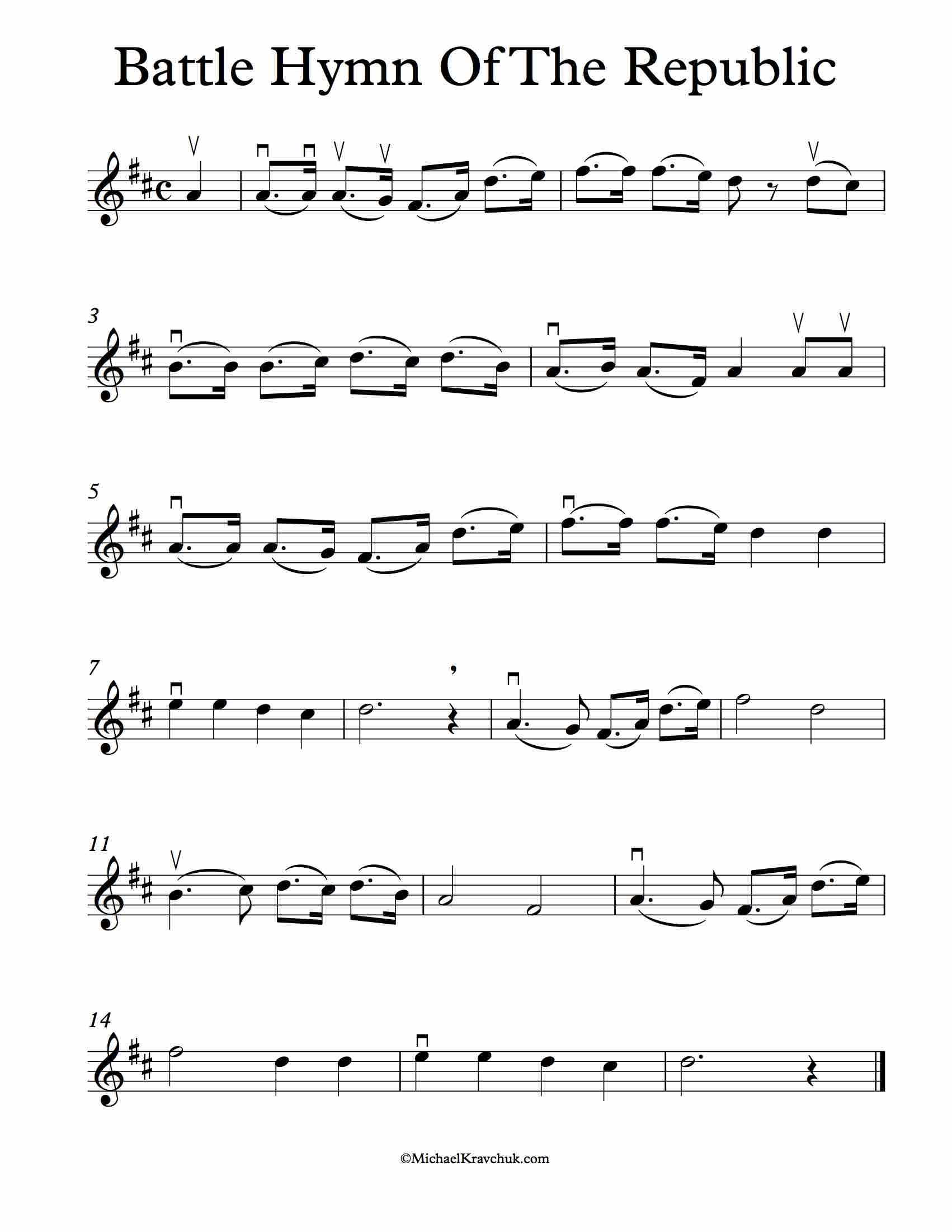 Battle Hymn of the Republic Sheet Music Violin D Major