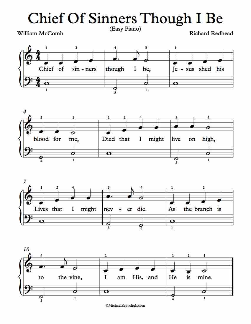 Easy/Beginner Piano Arrangement of Chief Of Sinners Though I Be