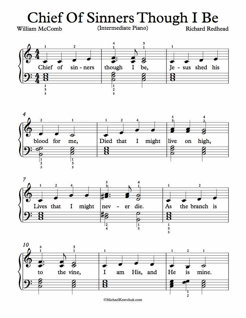 Intermediate Difficulty Piano Arrangement of Chief Of Sinners Though I Be