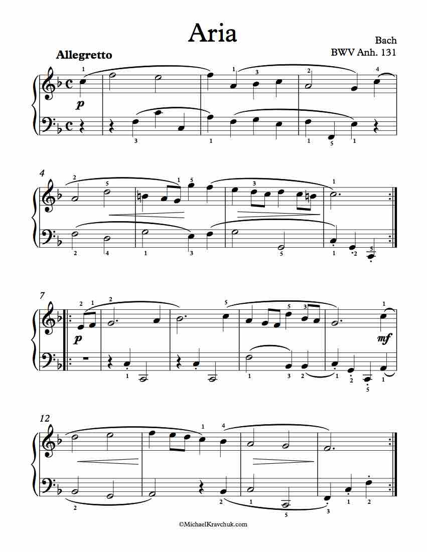 Free Piano Sheet Music - Aria BWV Anh. 131 - Bach