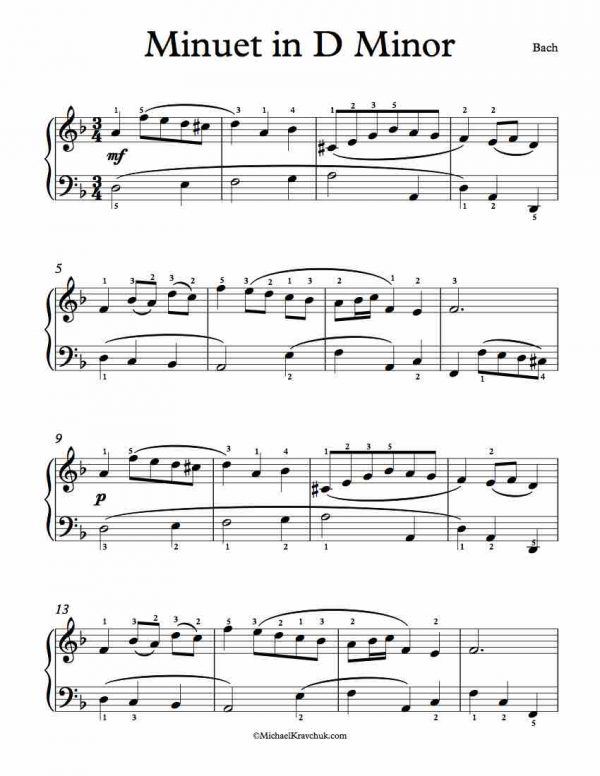 Free Piano Sheet Music – Minuet In D Minor – Bach – Michael Kravchuk