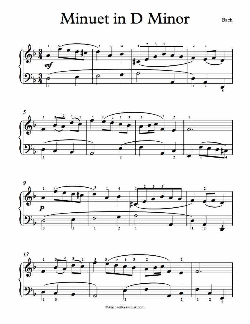 Free Piano Sheet Music - Minuet In D Minor - Bach