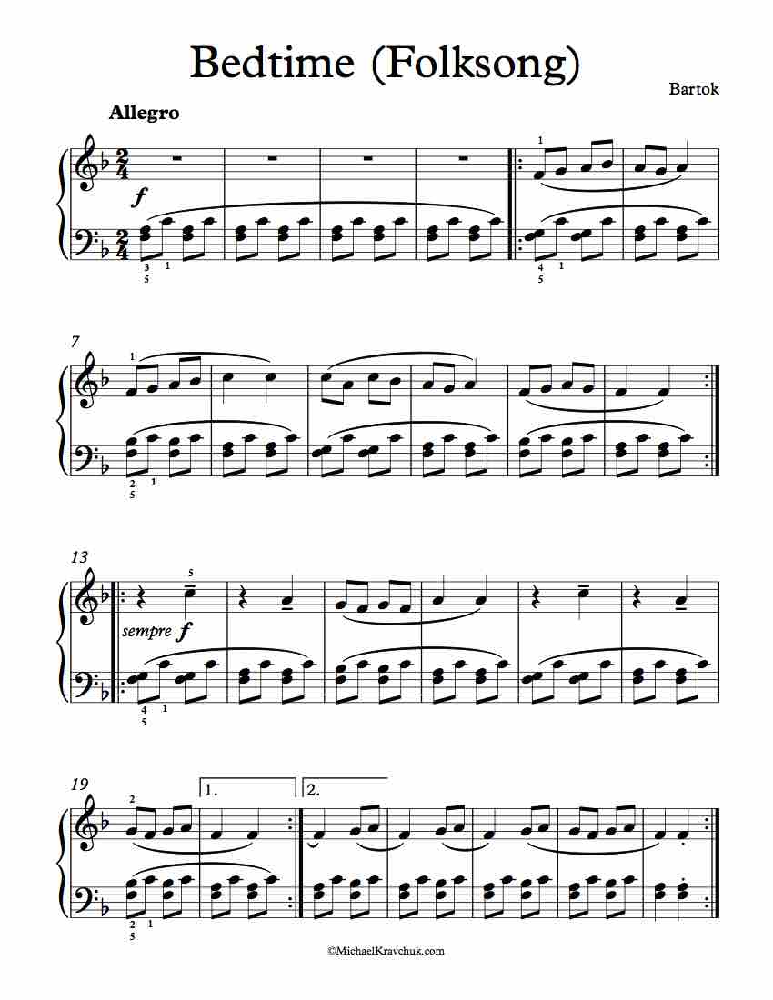 Free Piano Sheet Music - Bedtime (Folksong) - Bartok
