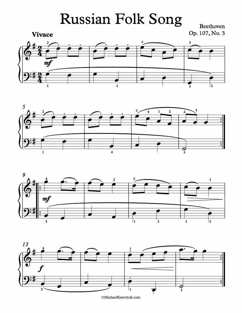 Free Piano Sheet Music - Russian Folk Song Op. 107 No. 3 - Beethoven