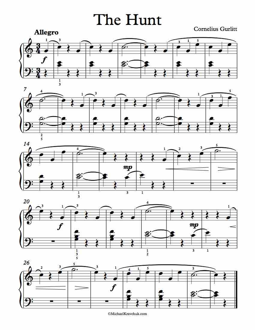 Free Piano Sheet Music - The Hunt Op. 117, No. 15 - Cornelius Gurlitt