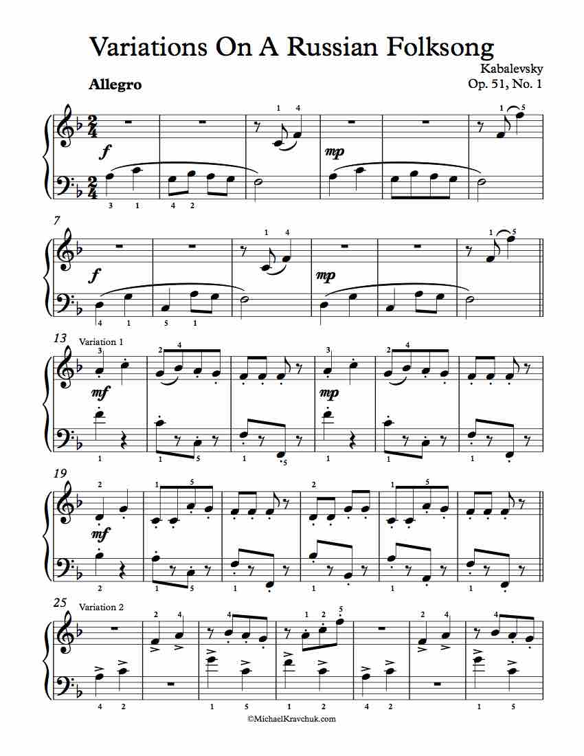 Free Piano Sheet Music - Variations On A Russian Folksong Op. 51, No. 1 - Kabalevsky