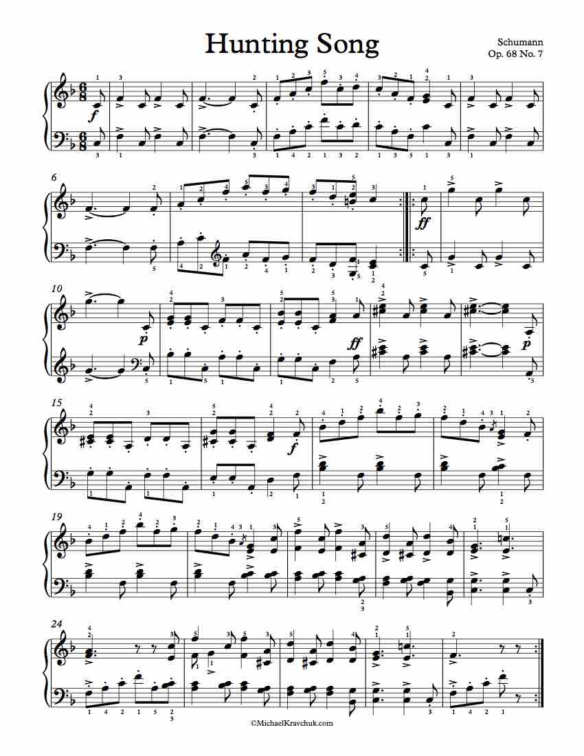 Free Piano Sheet Music - Hunting Song Op. 68 No. 7 - Schumann
