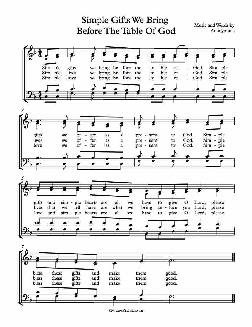 Free Choir Sheet Music - Simple Gifts We Bring  Before The Table Of God