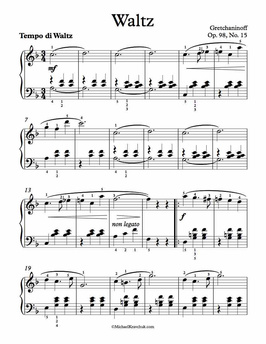 Free Piano Sheet Music - Waltz in F Op. 98, No. 15 - Gretchaninoff
