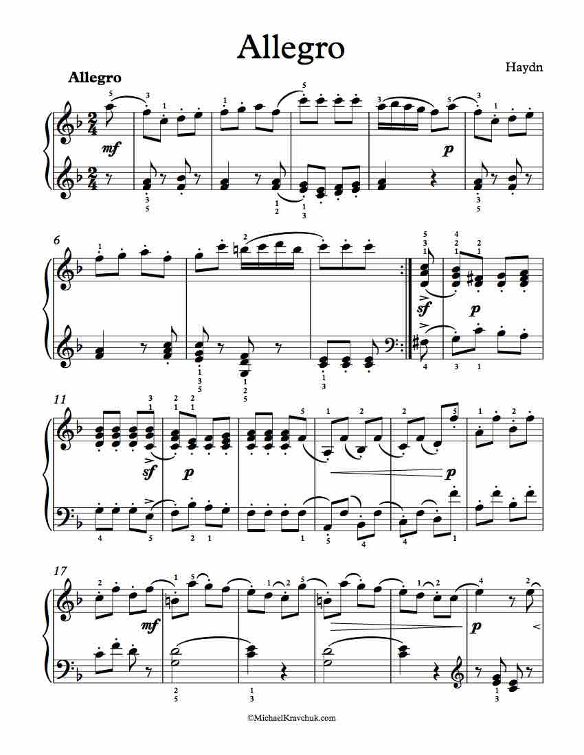 Free Piano Sheet Music - Allegro In F Major - Haydn