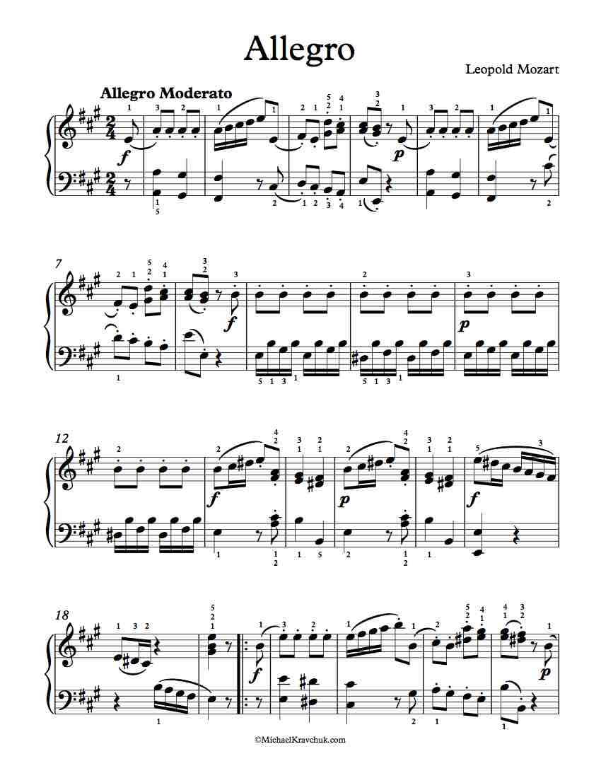 Free Piano Sheet Music - Allegro In A Major - Leopold Mozart
