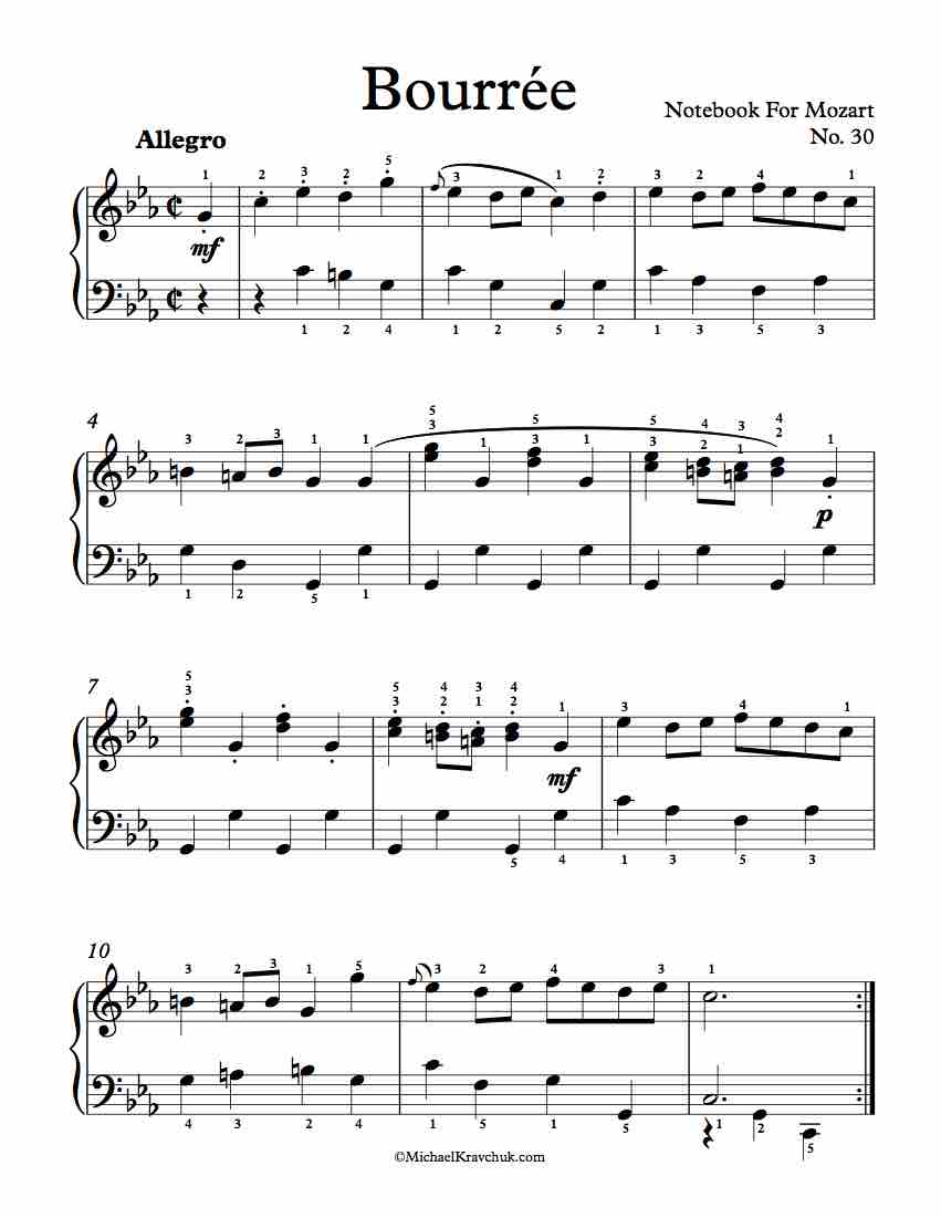 Free Piano Sheet Music - Bourrée No. 30 - Notebook For Wolfgang/Mozart
