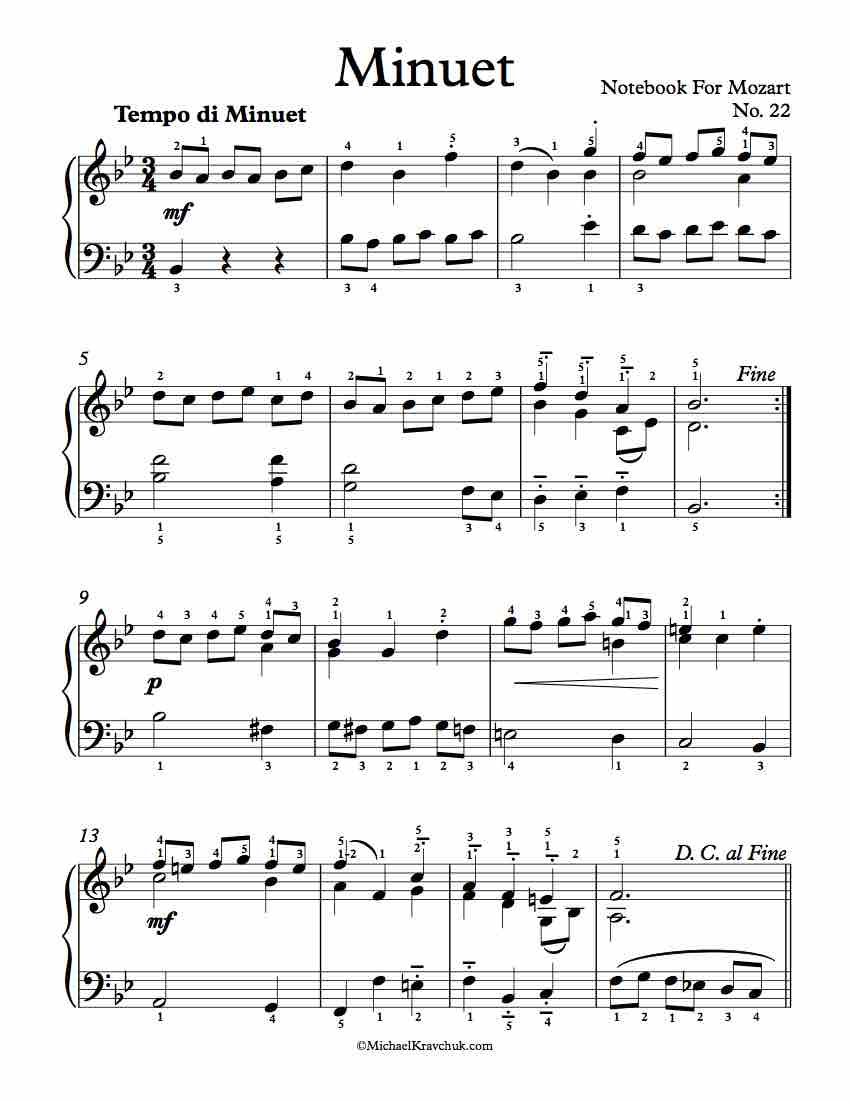 Free Piano Sheet Music - Minuet No. 22 - Notebook For Mozart/Wolfgang