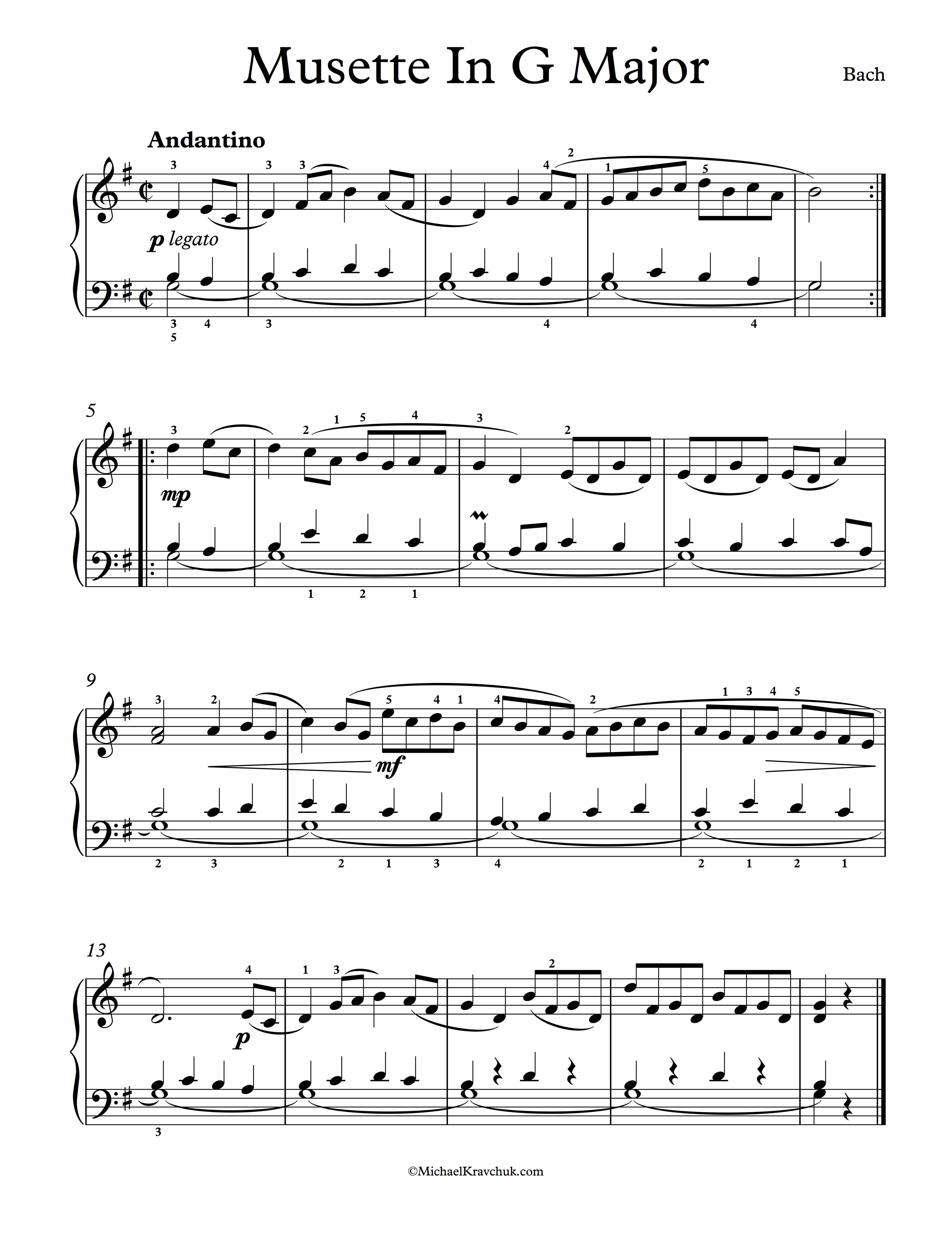 Free Piano Sheet Music - Musette In G Major BWV 808 - Bach