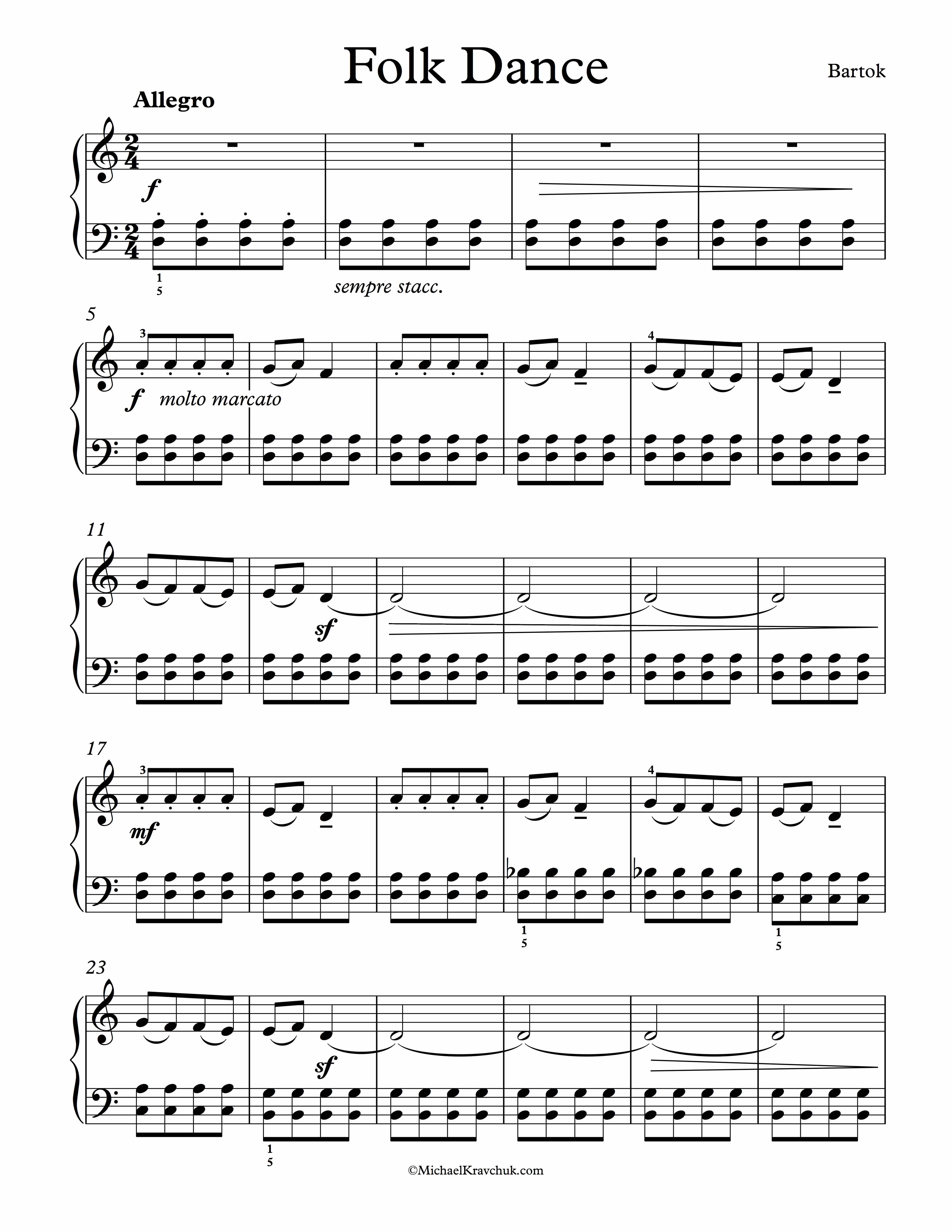 Free Piano Sheet Music - Folk Dance - From For Children Vol. 1 - Bartok
