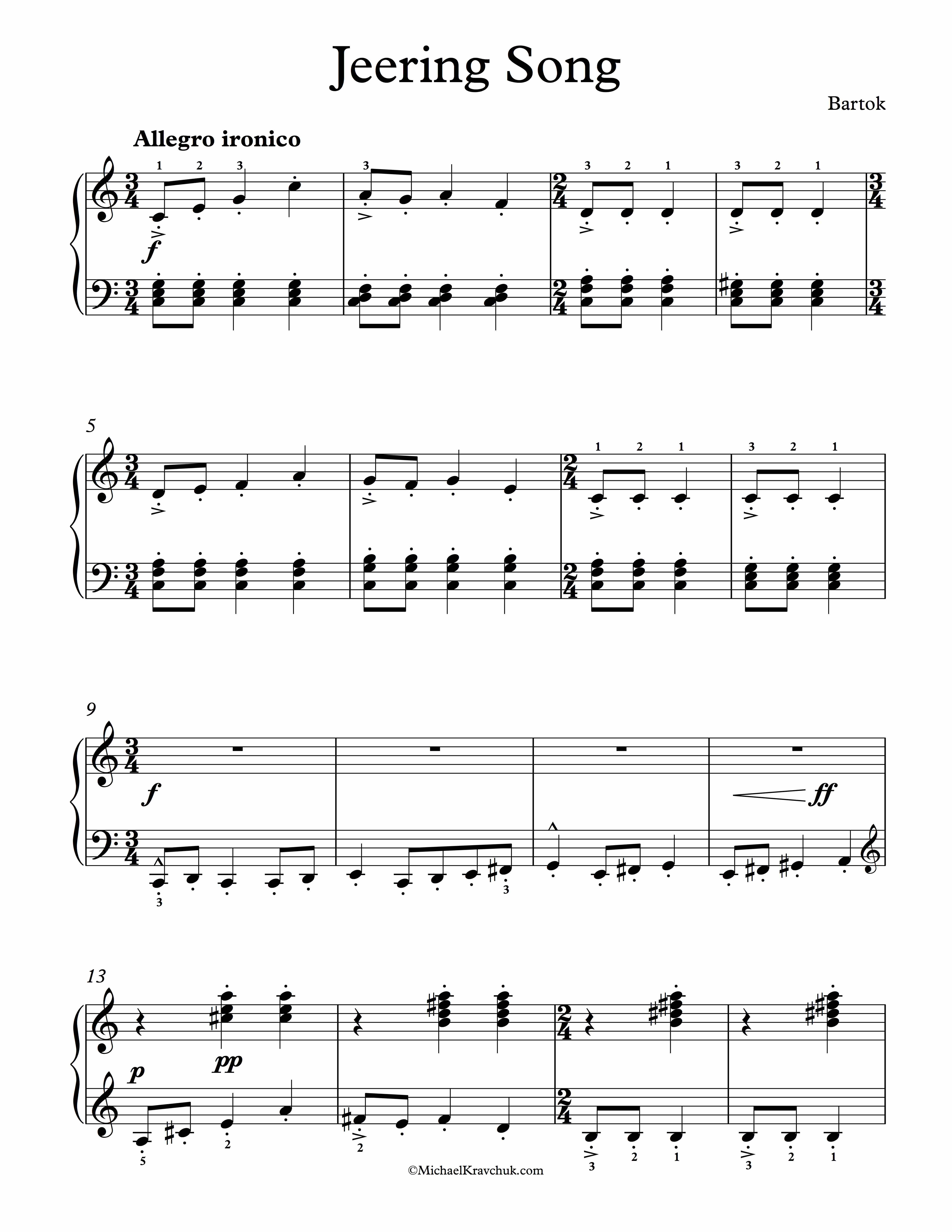 Free Piano Sheet Music - Jeering Song From For Children - Bartok