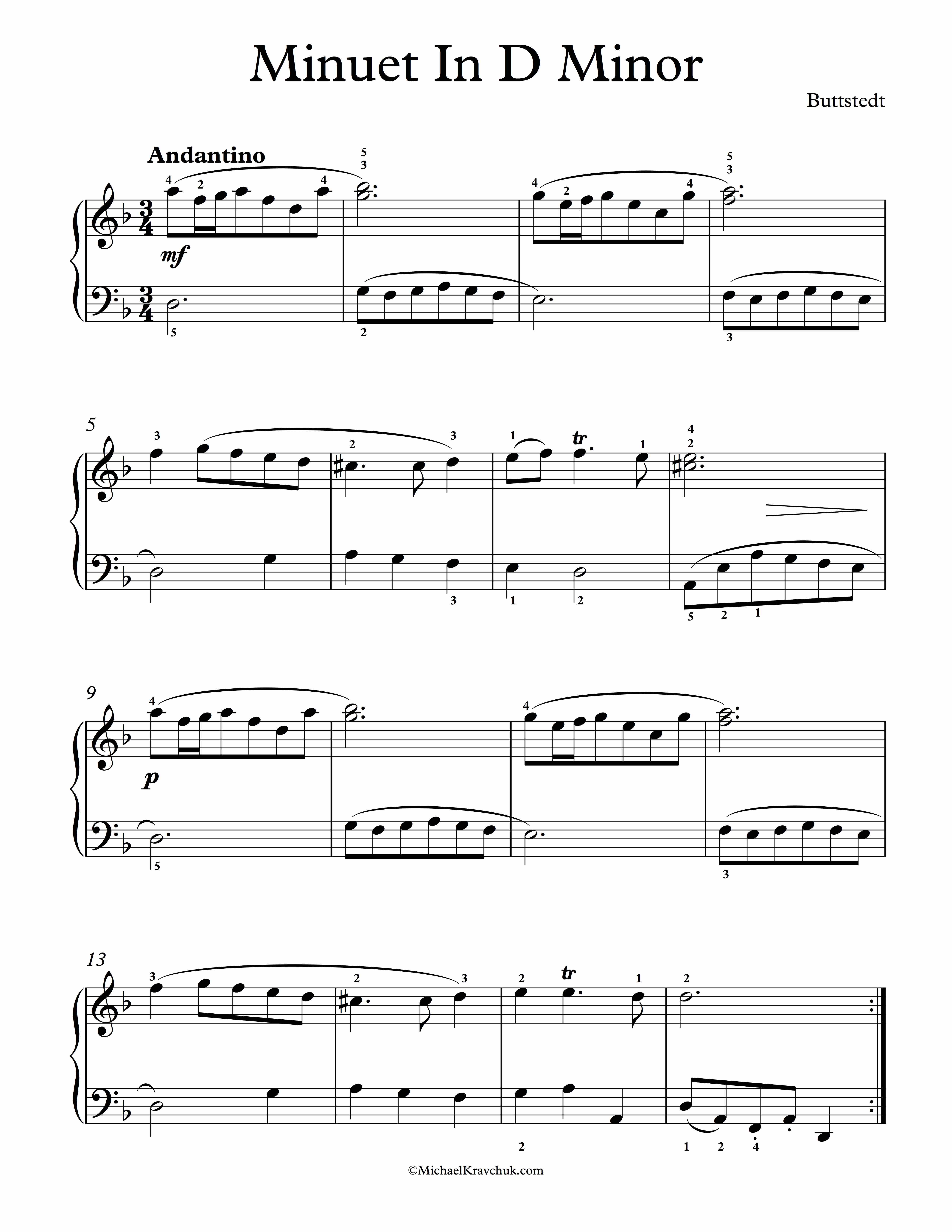 Free Piano Sheet Music - Minuet In D Minor - Buttstedt