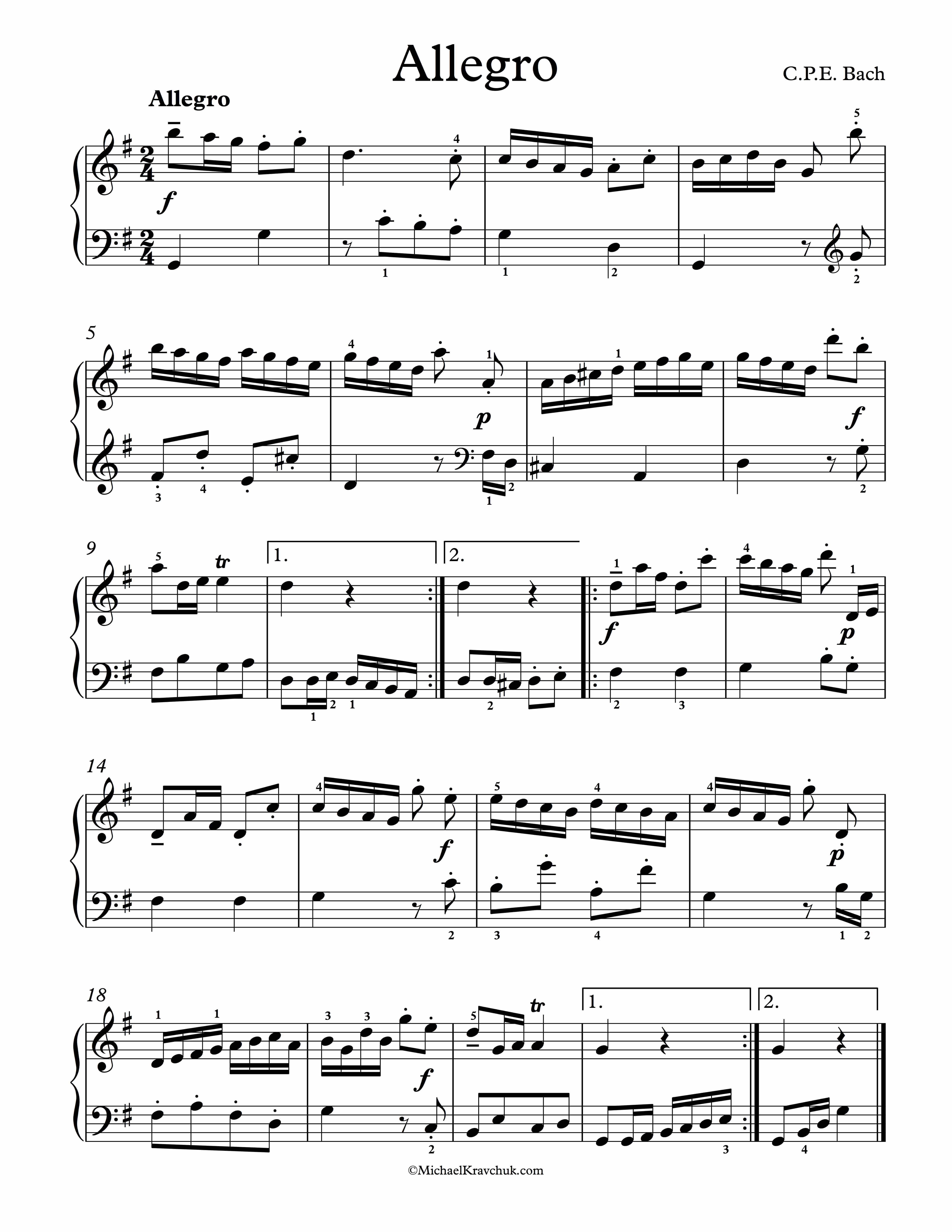 Free Piano Sheet Music - Allegro - C.P.E. Bach