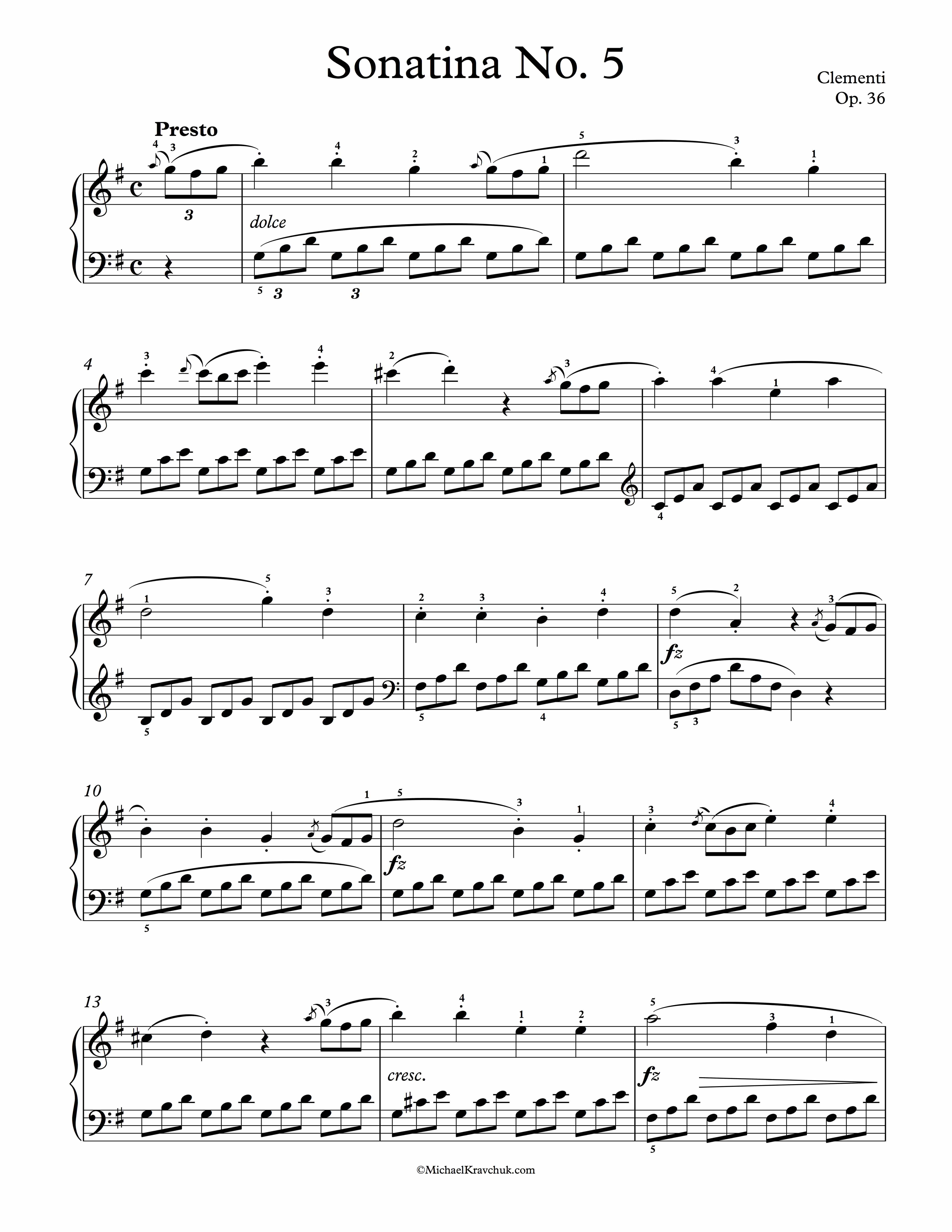 Free Piano Sheet Music - Sonatina Op. 36, No. 5 - Clementi