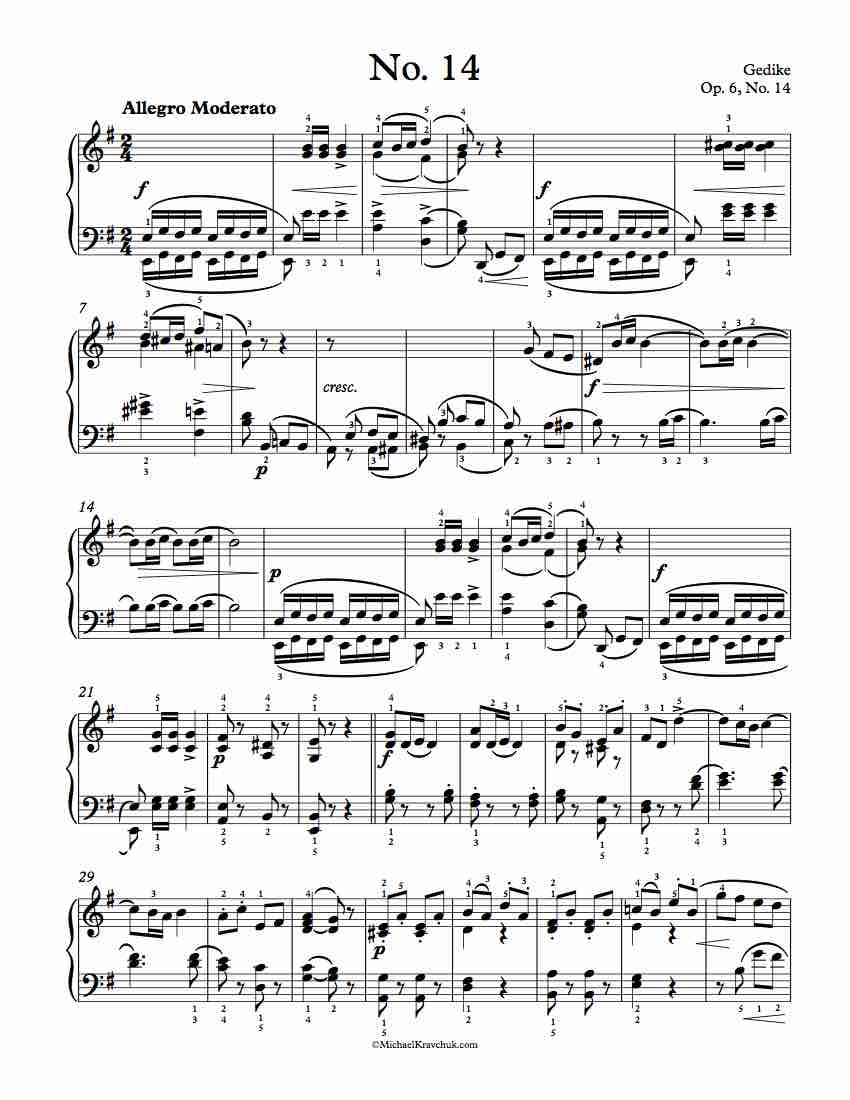 Free Piano Sheet Music - 20 Little Pieces For Beginners Op. 6, No. 14 - Gedike