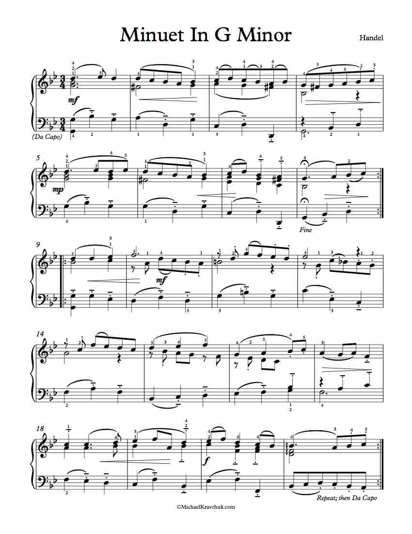 Free Piano Sheet Music - Minuet In G Minor - Handel