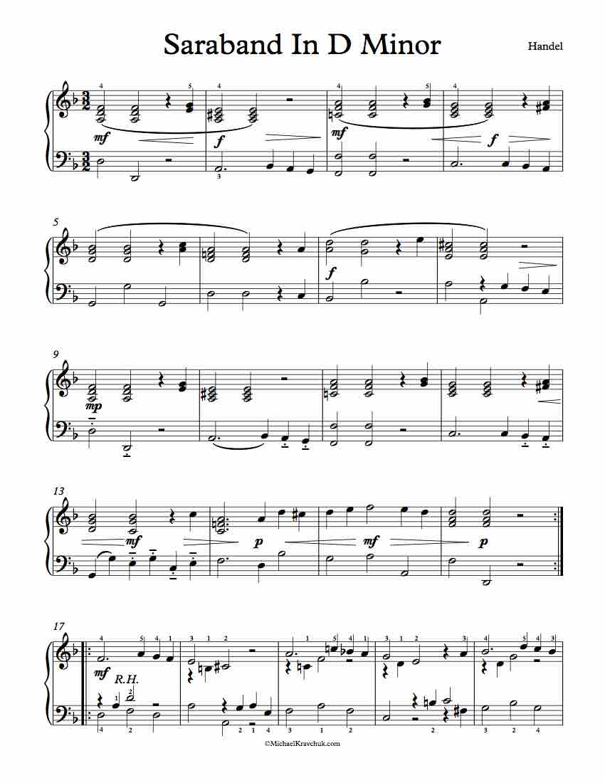 Free Piano Sheet Music - Saraband In D Minor - Handel