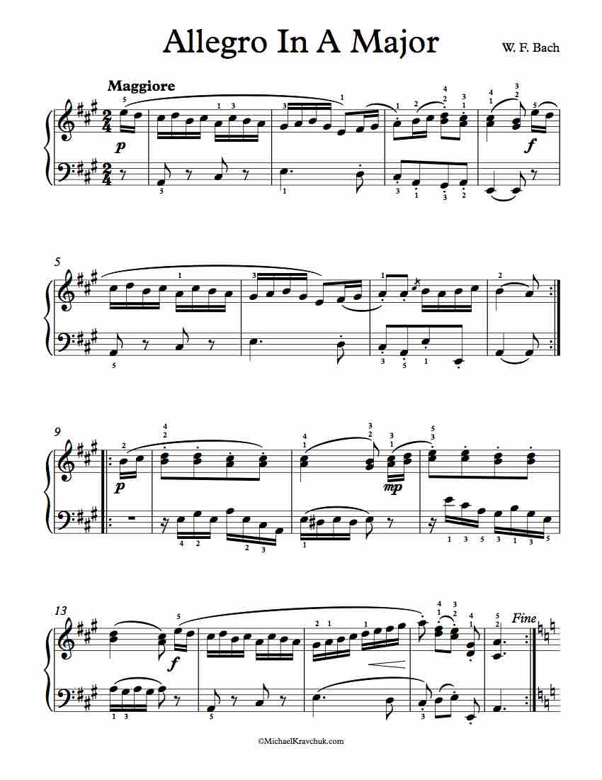Free Piano Sheet Music - Allegro In A Major - W.F. Bach