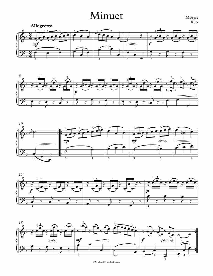 Free Piano Sheet Music - Minuet K. 5 - Mozart