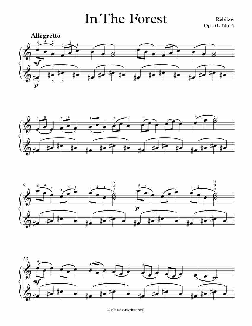 Free Piano Sheet Music – In The Forest Op. 51, No. 4 – Rebikov