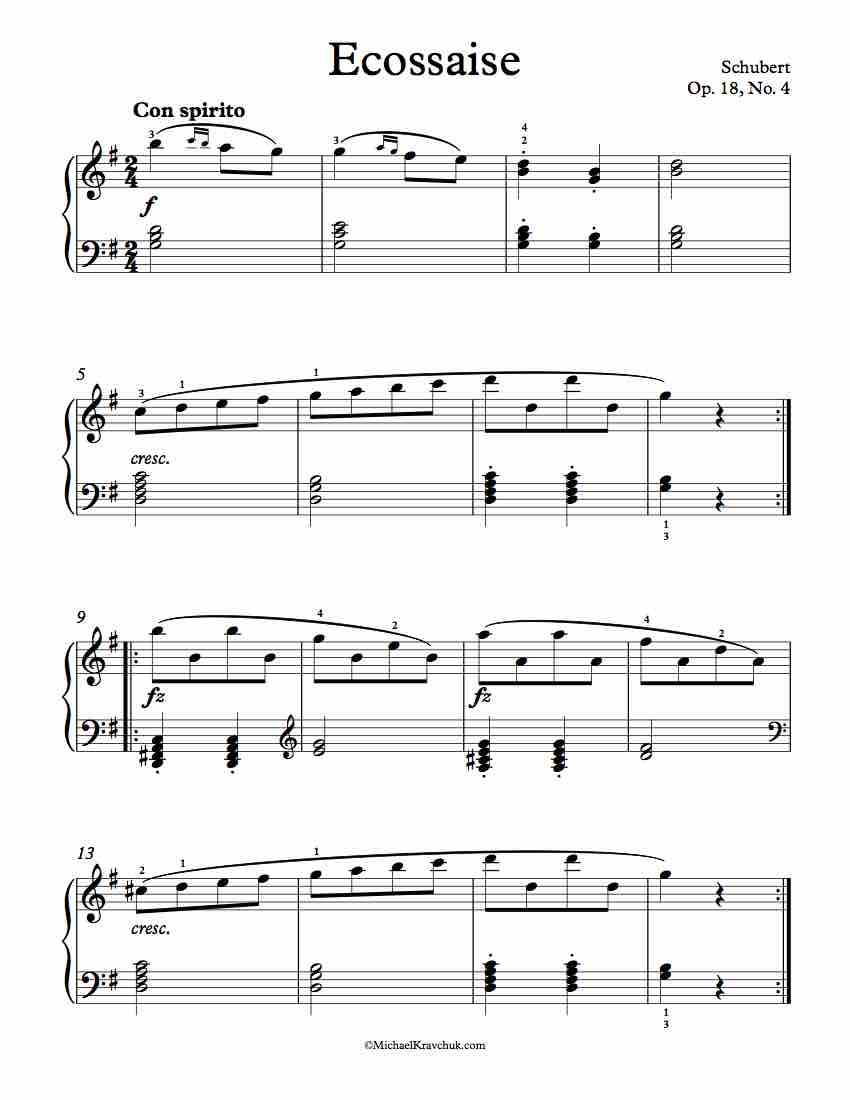 Free Piano Sheet Music - Ecossaise In G Major Op. 18, No. 4 - Schubert