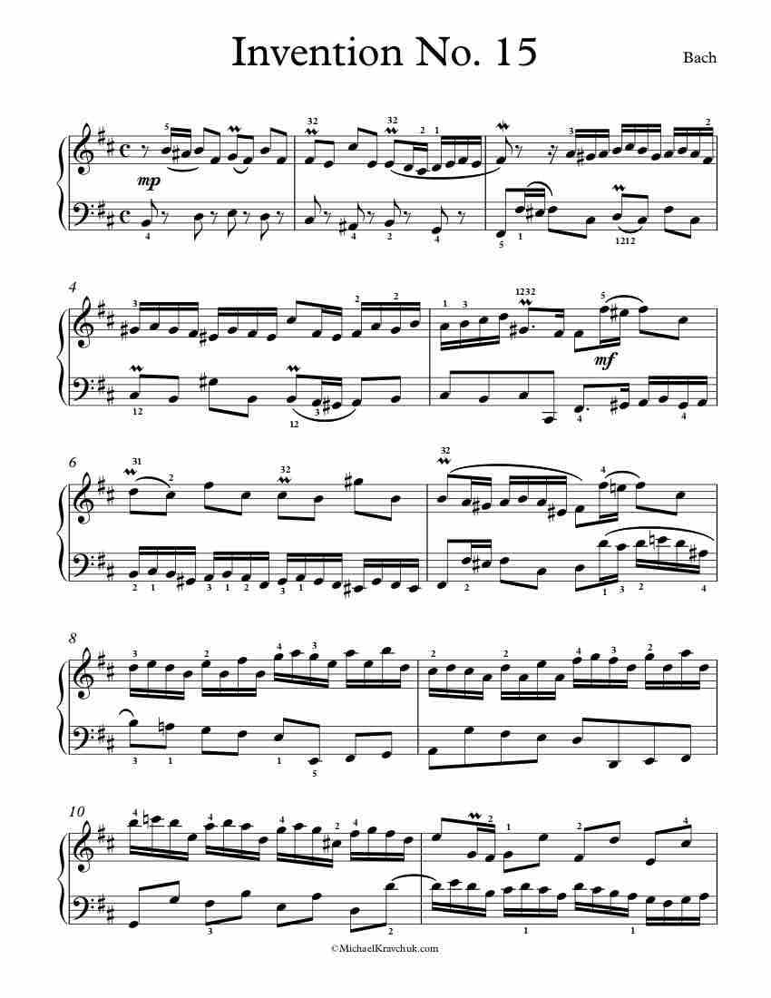 Free Piano Sheet Music - Invention No. 15 BWV 786 - Bach