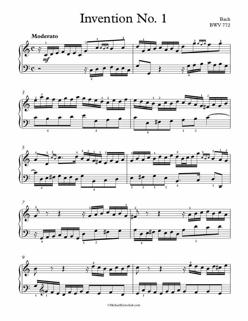 Free Piano Sheet Music - Invention No. 1 BWV 772 - Bach