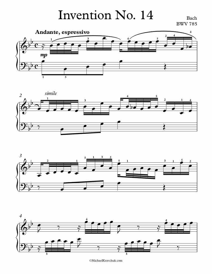 Free Piano Sheet Music - Invention No. 14 BWV 785 - Bach