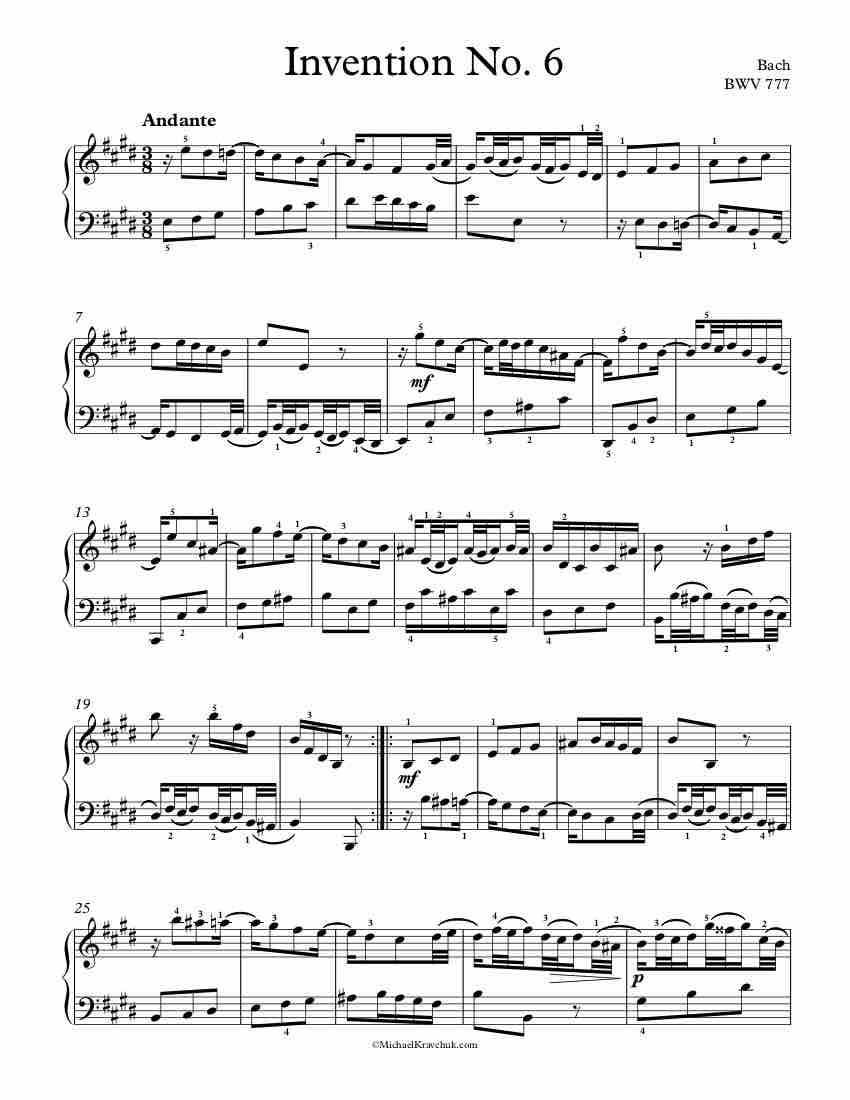 Free Piano Sheet Music - Invention No. 6 BWV 777 - Bach