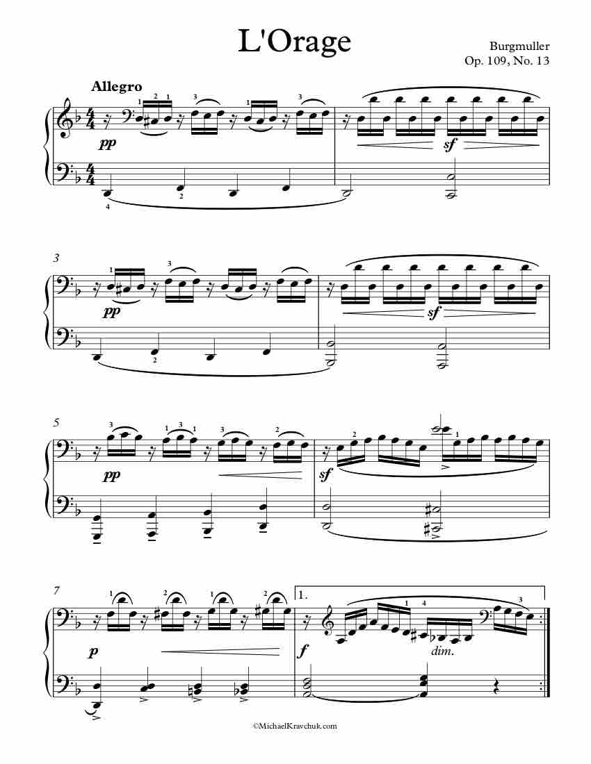 Free Piano Sheet Music - L'Orage Op. 109, No. 13 (The Storm) - Burgmuller