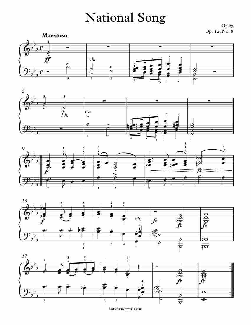 Free Piano Sheet Music - National Song Op. 12, No. 8 - Grieg