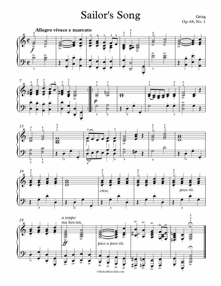 Free Piano Sheet Music - Sailor's Song Op. 68, No. 1 - Grieg