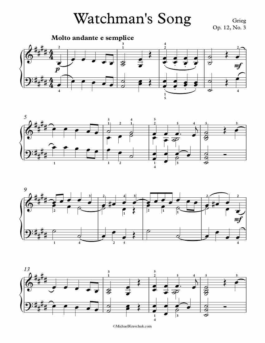 Free Piano Sheet Music - Watchman's Song Op. 12, No. 3 - Grieg