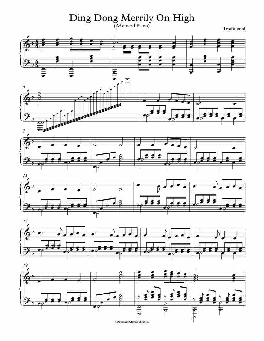 Free Piano Arrangement Sheet Music - Ding Dong Merrily On High - Intermediate
