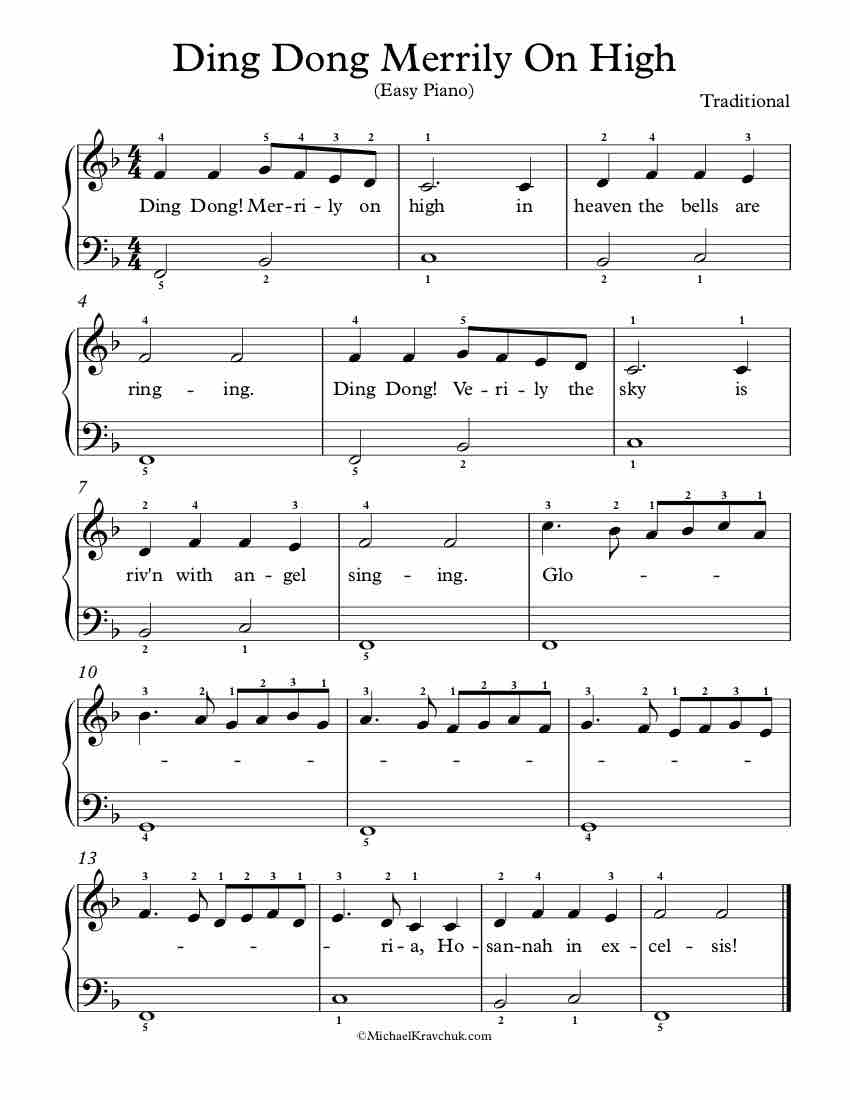 Free Piano Arrangement Sheet Music - Ding Dong Merrily On High - Easy