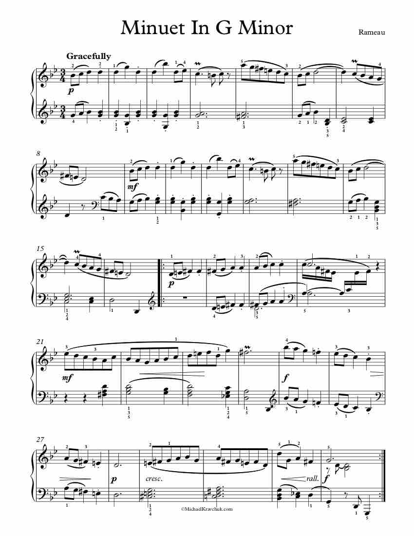 Free Piano Sheet Music - Minuet In G Minor - Rameau